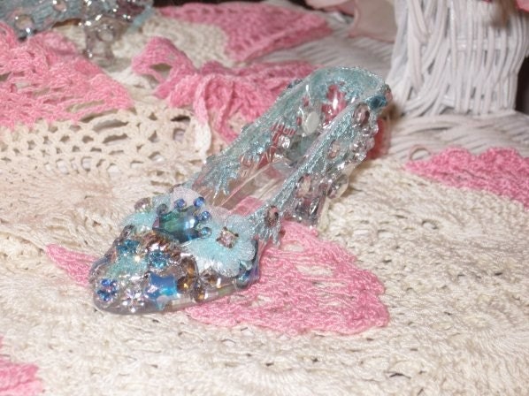 Cinderella Slipper Aqua and Clear Rhinestones ECS