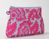Deluxe Clutch with Wrist Strap - Fuchsia and Grey Blossoms