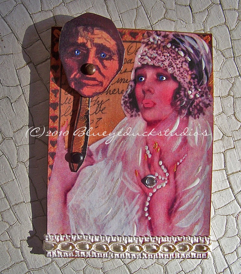 Wistful Bride mechanical articulating ACEO ATC art card Mirror Mask paper toy keepsake