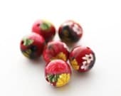 Polymer Clay Beads, Red Beads, Summer Flowers Round Beads 722