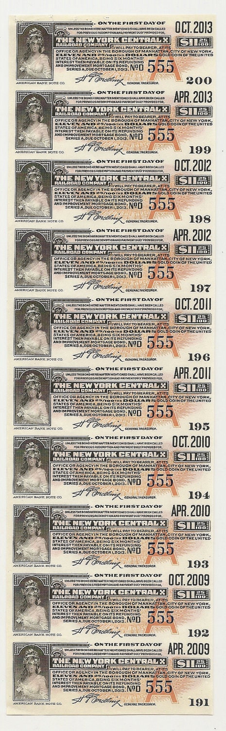 50 Old 1910's-20's RAILROAD Bond Coupons - 5 SHEETS - New York CENTRAL Railroad Bonds issued in in the 1910's and 1920's.