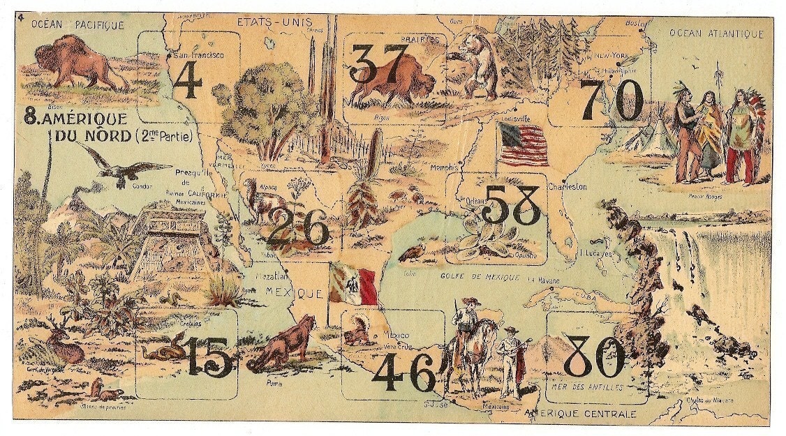 1900s French Game PRINT MAP North America. Awesome early 1900s French game board print
