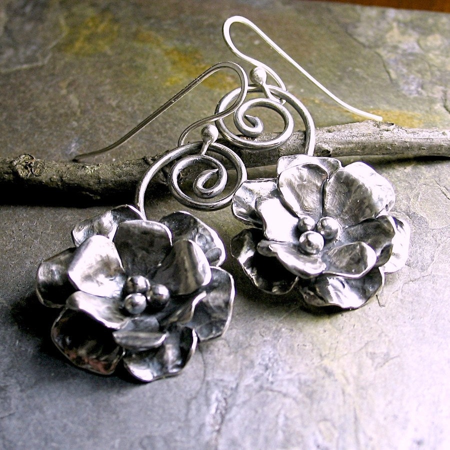 Sterling Silver Flower Rose Dangle Earrings - Old World Rose