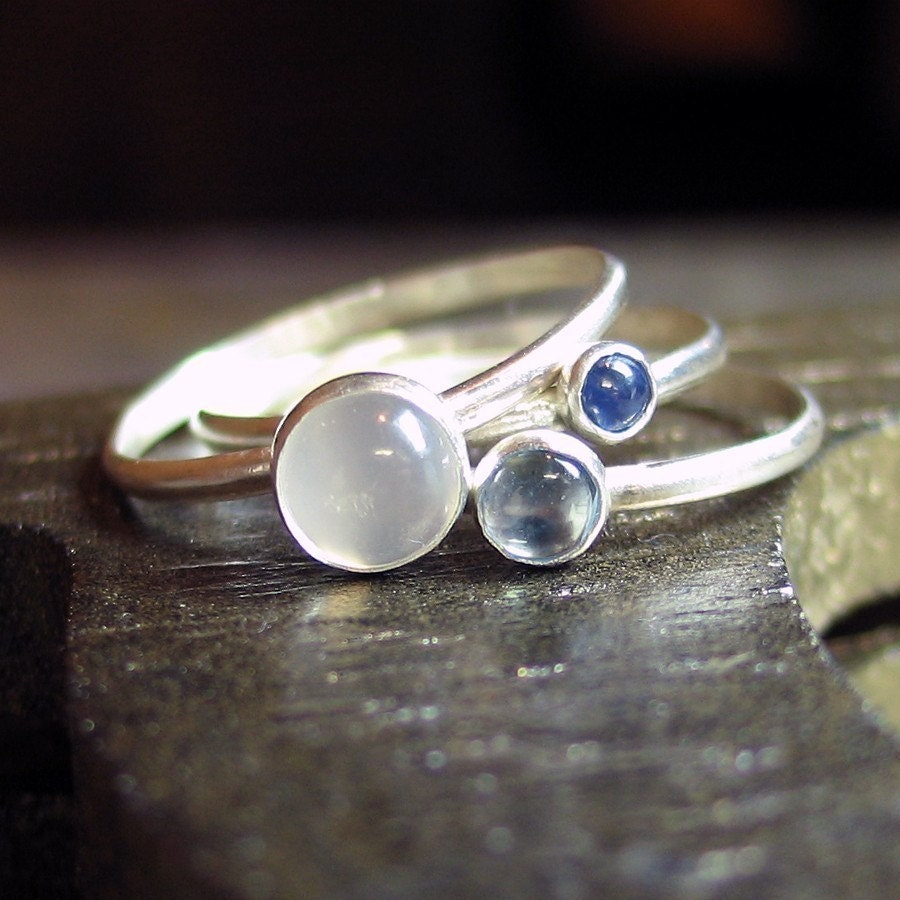 Sterling Silver Stacking Rings with moonstone, sapphire and swiss blue topaz  September - Sky Blue Dreaming