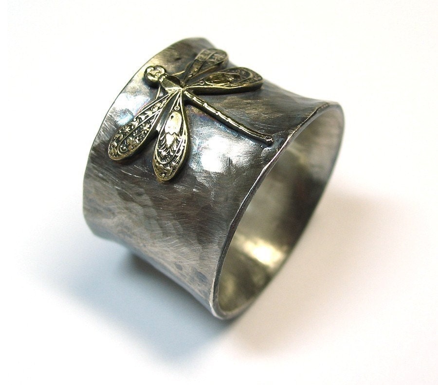 Sterling Silver Dragonfly Ring Wide Band Nature Jewelry art noveau brass insect  - Enchanted Dragonfly