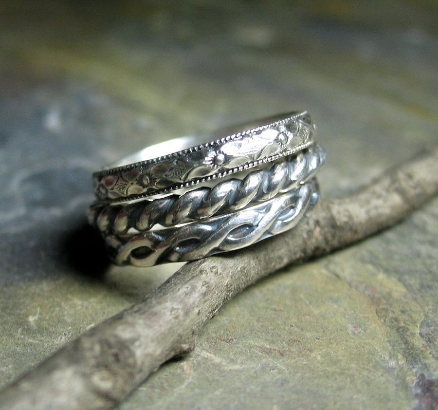 Stacking rings sterling silver pattern wire set of three - Three's Company