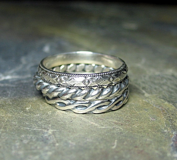 Stacking rings sterling silver pattern wire set of three - Three's Company