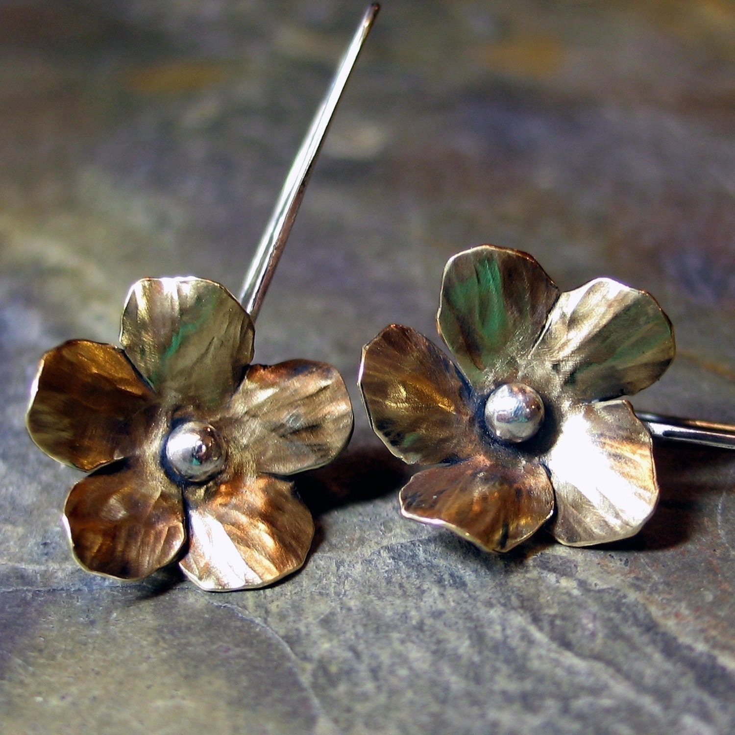 Flower Earrings Brass and Sterling Silver  - Goldenflower