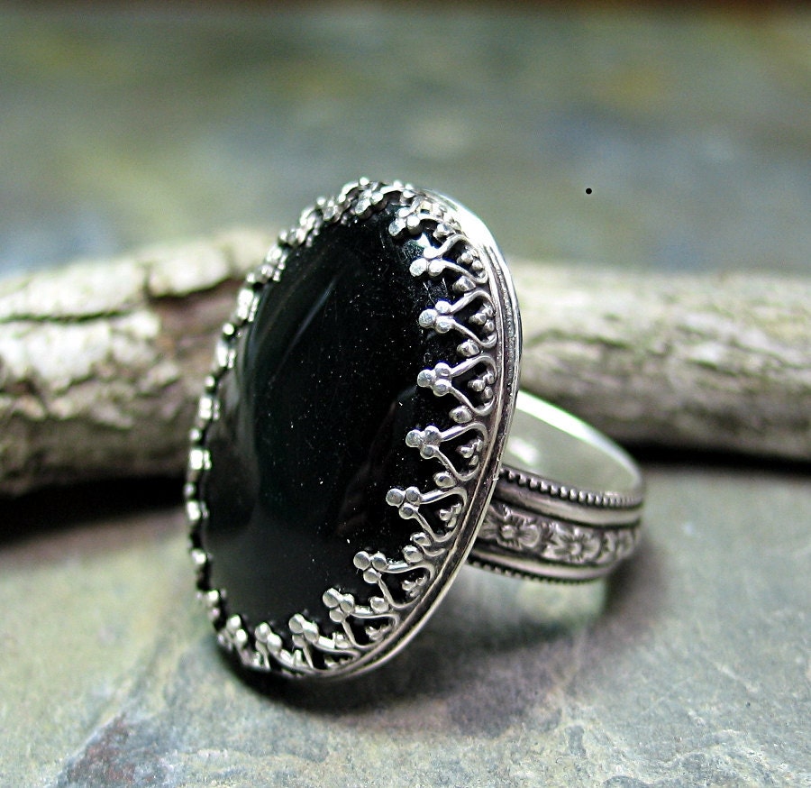 Black Onyx Ring  Filigree Bezel sterling silver flower band garden jewelry - Midnight Garden