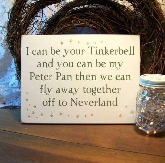 Wedding Tinker Bell and Peter Pan Painted Wood Sign Romance Love Shabby