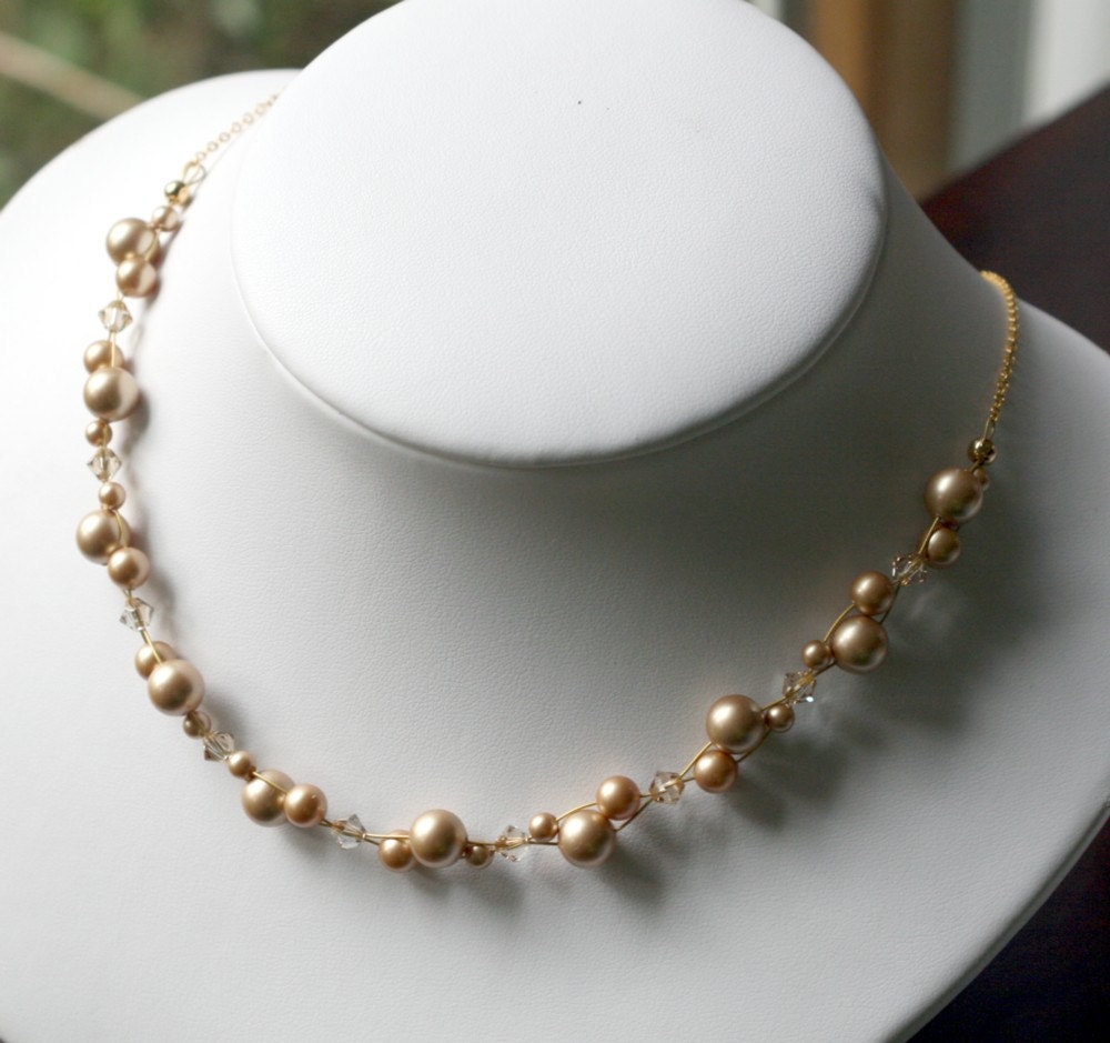 Bridesmaid Jewelry Cluster Pearl Necklace Swarovski Matte Gold Pearl Bridal Party Gift Pearl Wedding Jewelry