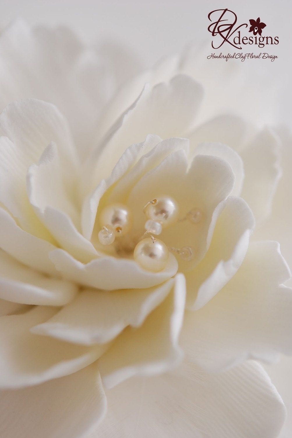 Made To Order - Couture Clay - Whitish-Ivory Peony Hair flower with Silver wired Swarovski Pearls and Seed Beads with Feathers