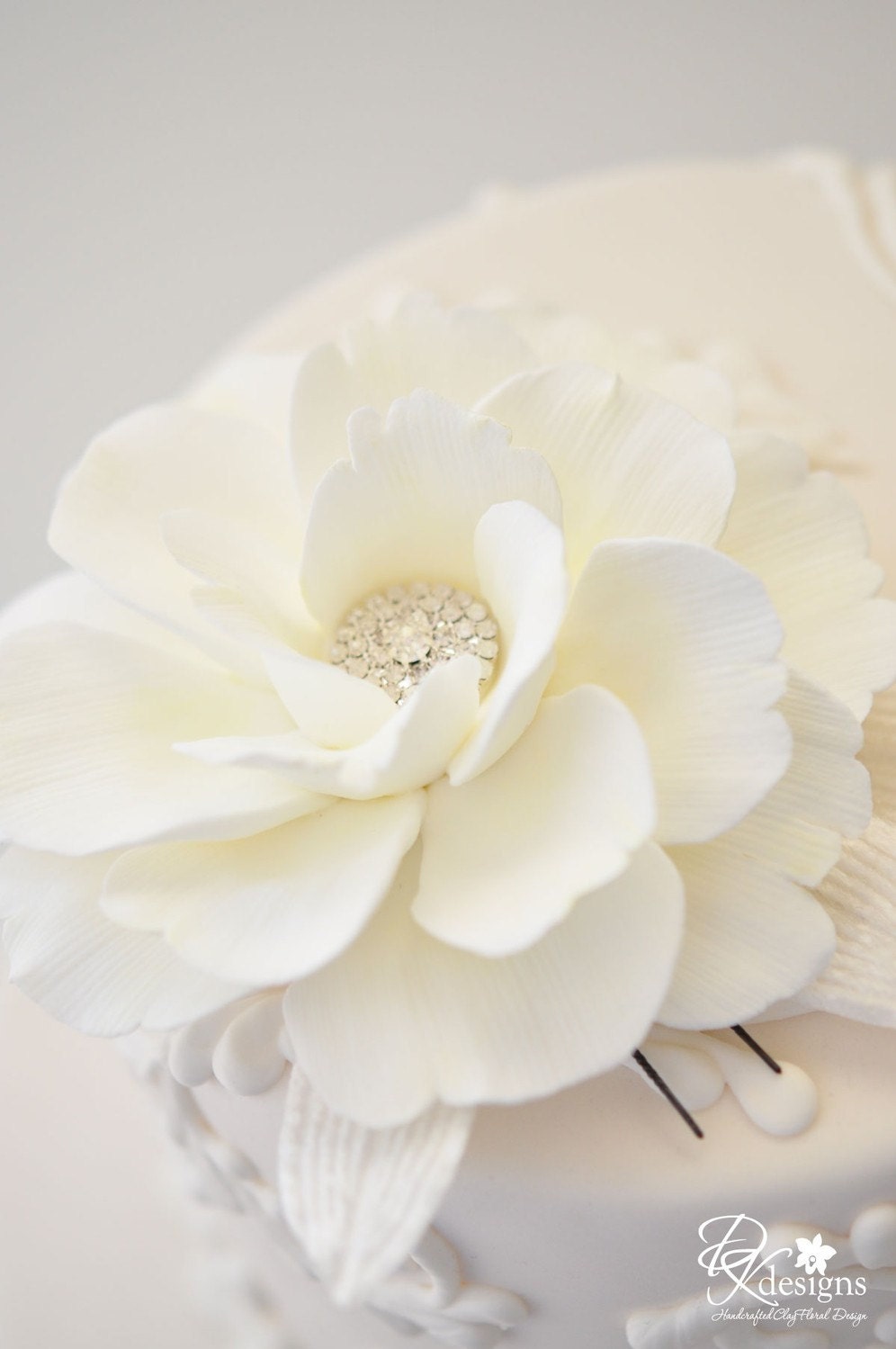 Couture Clay - Made to Order Ivory Shrub Rose Hair Flower with Pave Rhinestone Center and Off White Velvet Leaves