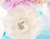 COUTURE CLAY - Made to Order 5 Inch Whitish Ivory Peony Hair Flower with Rhinestone Button Center and Feathers