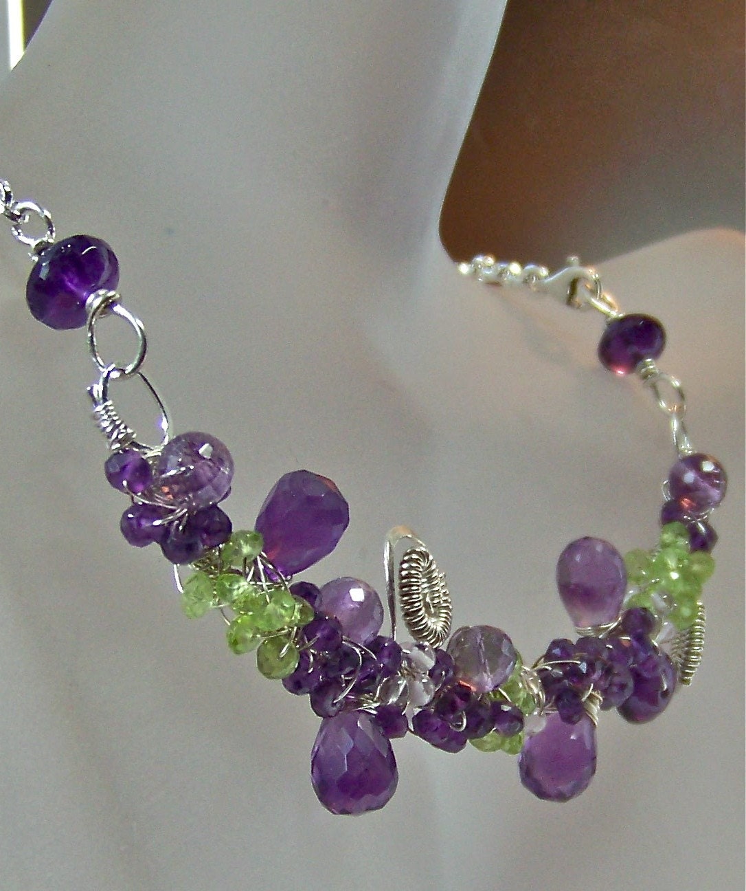 Amethyst Peridot Gemstones & Solid Sterling Silver Necklace