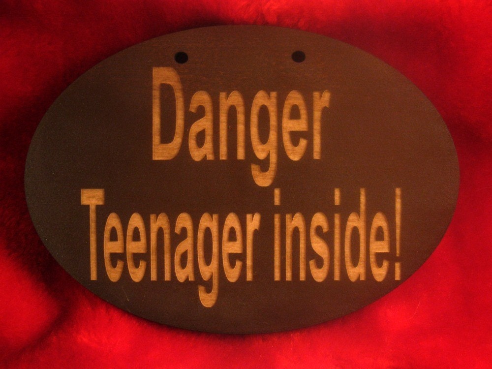 Wooden sign Danger teenager inside