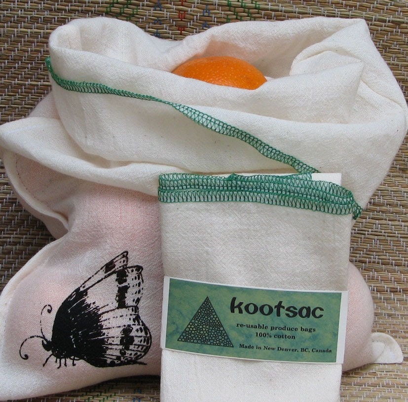 Reusable natural cotton produce / bulk food bag - market shopping - screenprinted butterfly
