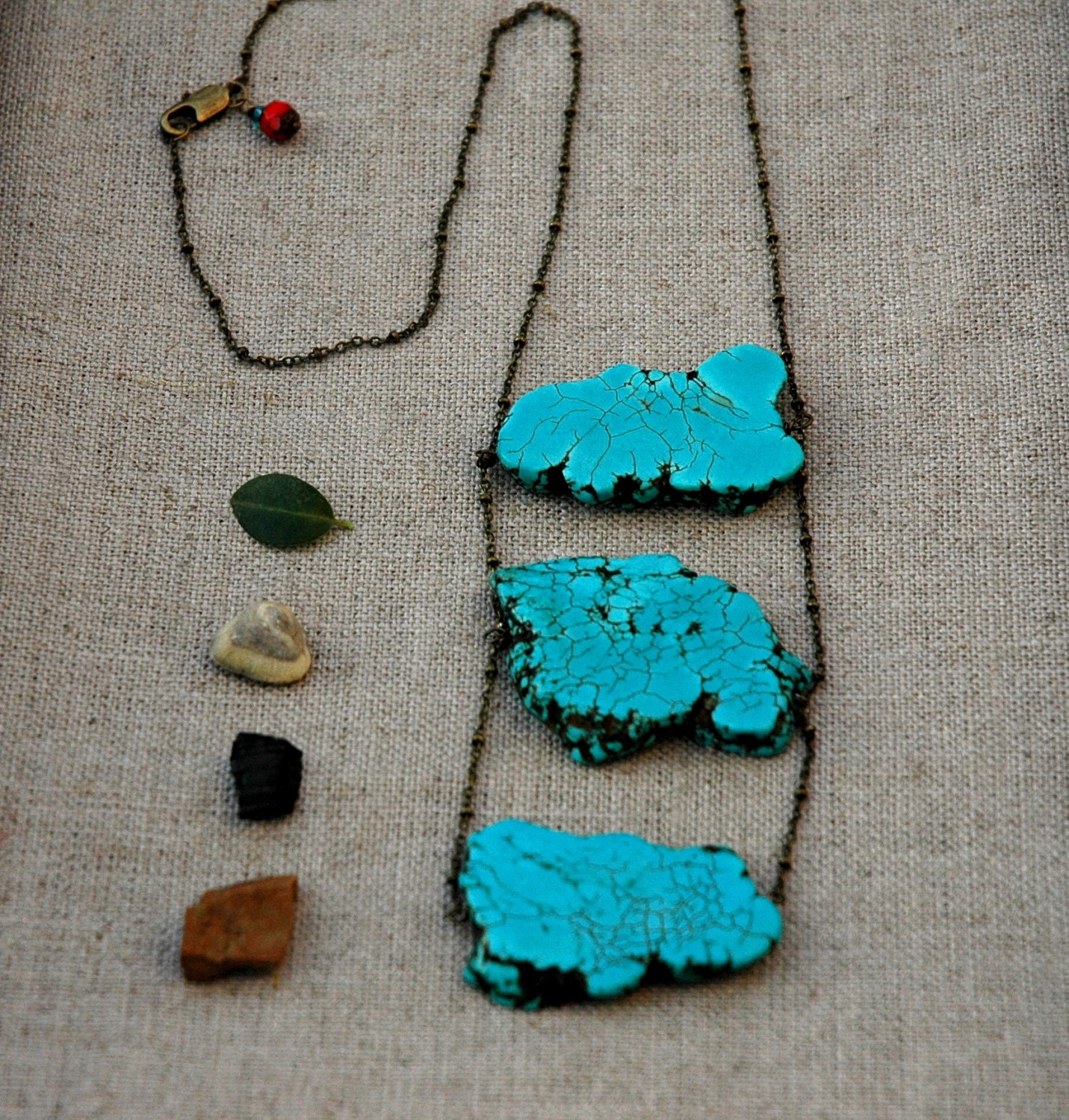 3 Tier Turquoise Gemstone Necklace with Antiqued Brass Chain