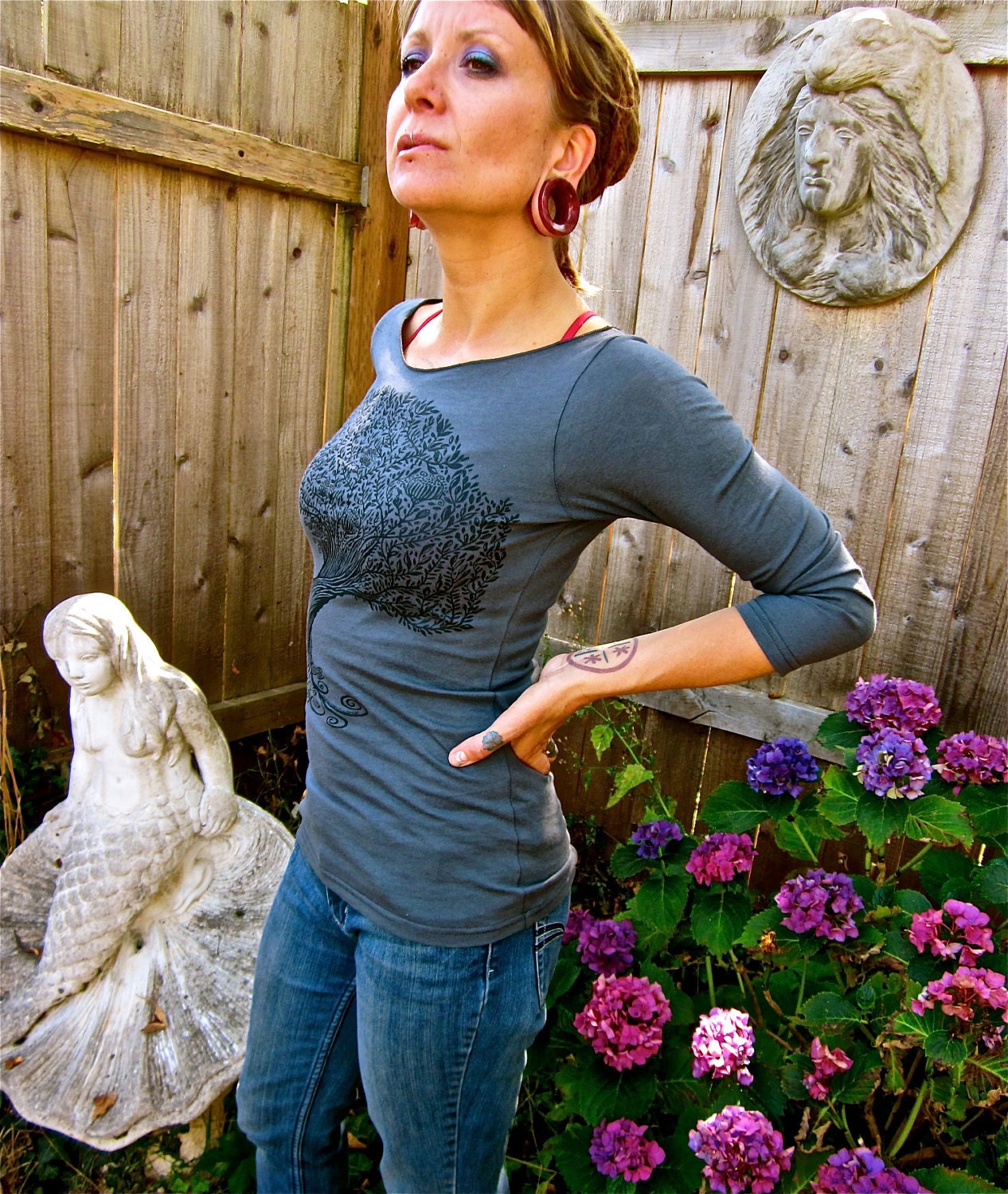 Women's Boatneck Spiral Tree Tshirt Grey Sm M L XL