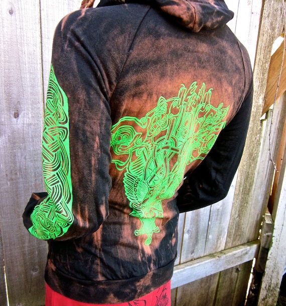 SALE Unisex Double Sided Celtic Black Green Bleached Hoodie Small Only