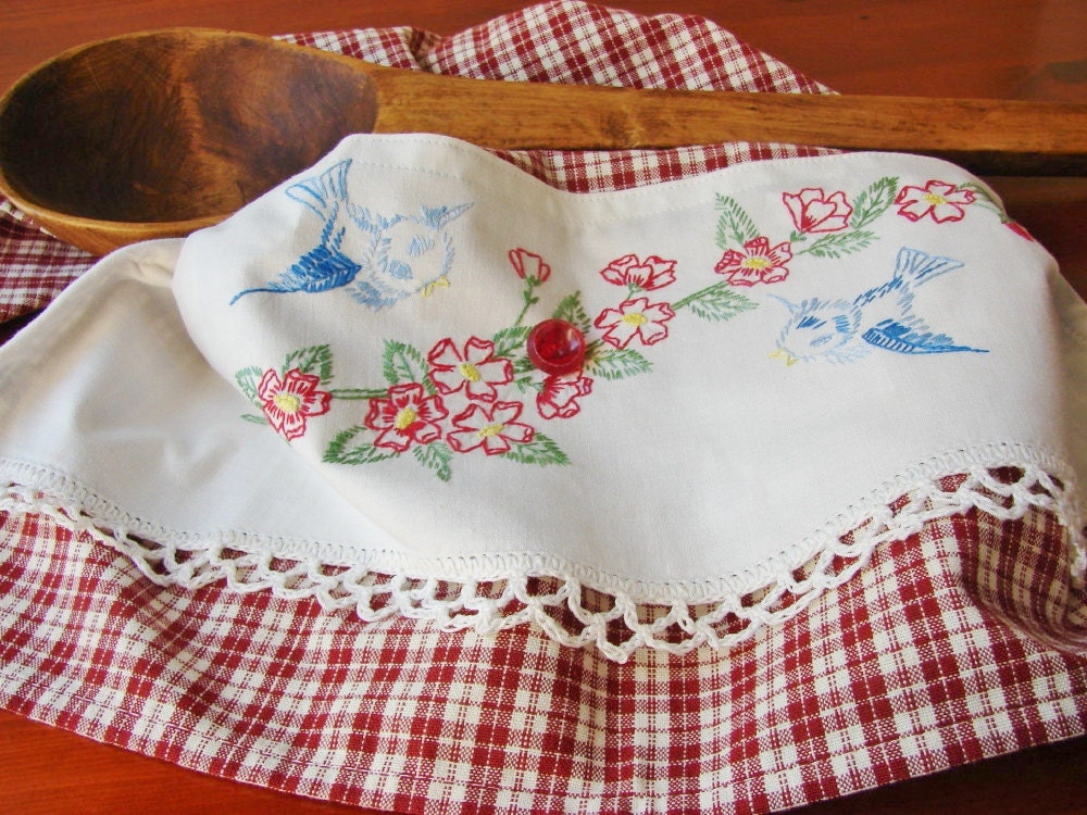 Sweet Tweet Bluebirds a Vintage Recycled Pillowcase to Upcycled Tea Towel -  Homespun Home Decor