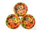 6 Wood buttons, 30mm, unique shape, orange with green flowers, scrapbooking, jewelry, crafts
