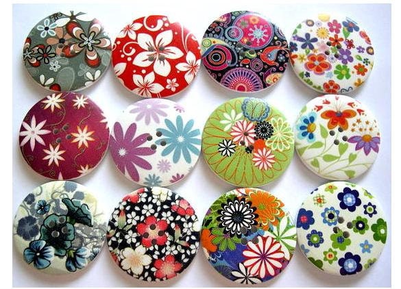 12 Buttons, wood  buttons, 40mm, 12 kinds, colorful flowers and ornaments in assorted colors