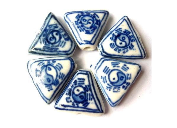 6 Ceramic porcelain glass beads, hand painted vintage white with blue design, UNIQUE SHAPE