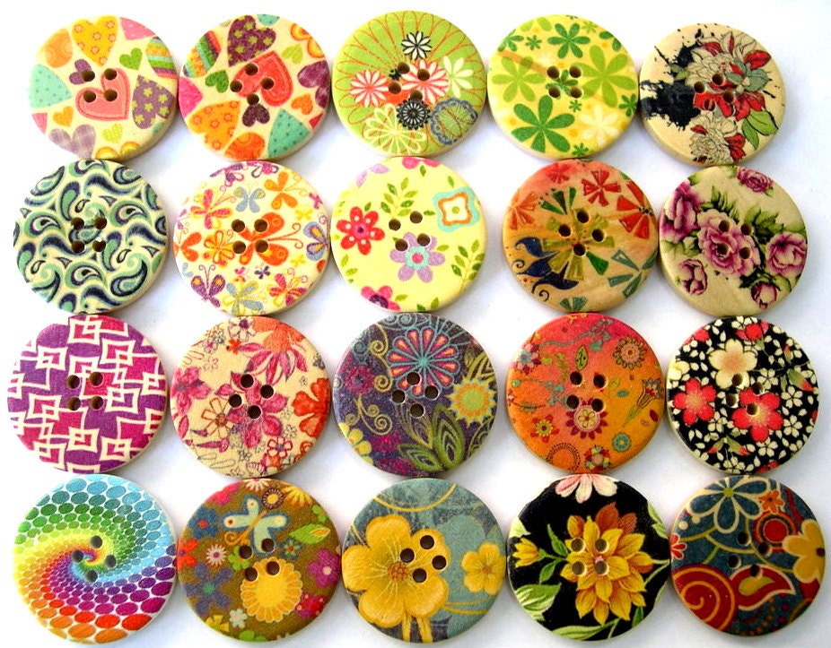 20 Wood buttons, 20 kinds, colorful, flowers, ornament, 30mm