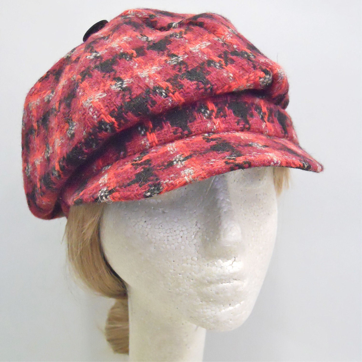 Raspberry Plaid Newsboy Slouch Cap