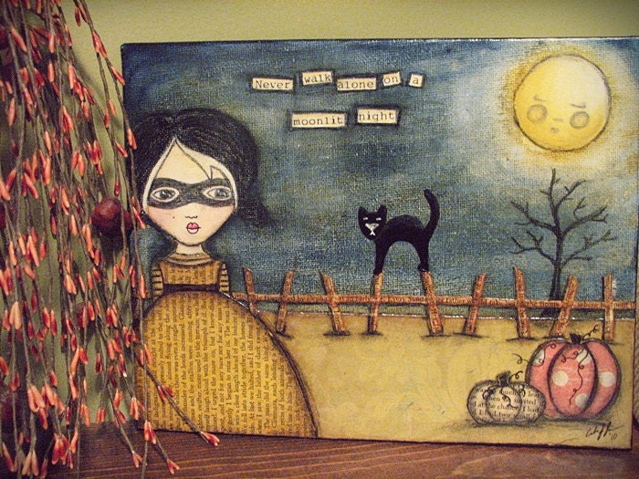 SALE Original 'Never Walk Alone on a Moonlit Night' 8x10 Mixed Media Painting on Canvas Panel - andraswhimsies