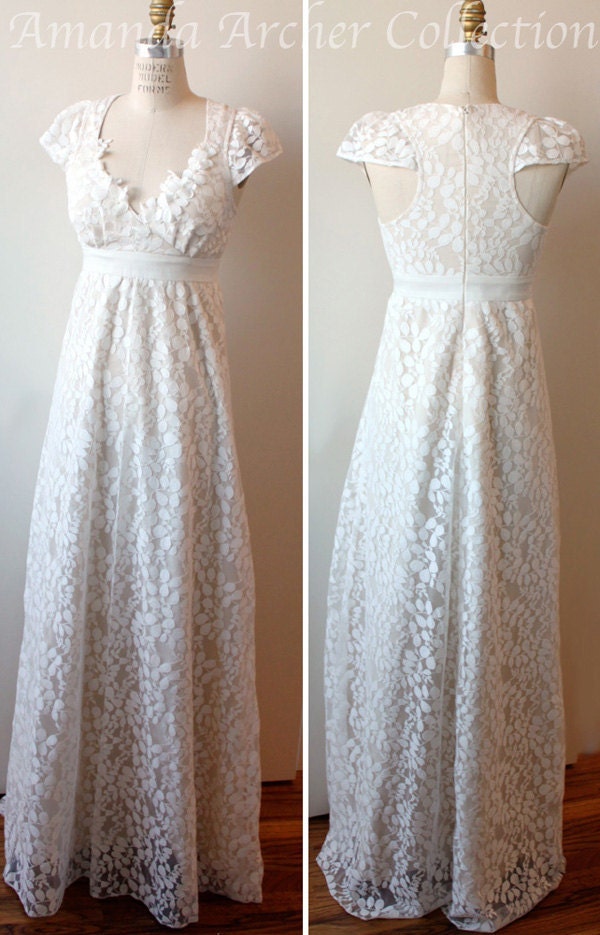 Ivory Lace Wedding Gown with Cap Sleeves, Made to Order