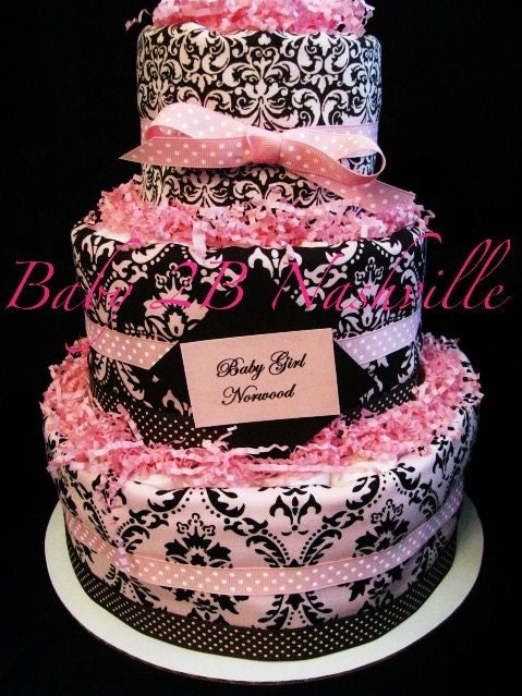 Girls Diaper Cake Pink and Brown Damask