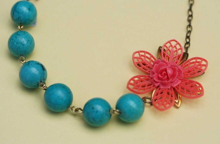 Turquoise Necklace, Coral Flower Necklace, Garden Necklace