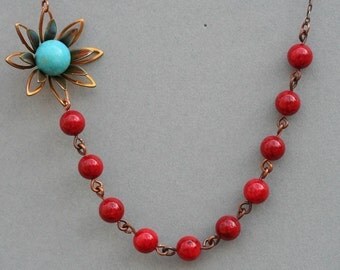 Red Jade Necklace, FREE Earrings, Turquoise Flower Necklace, Vintage Jewelry, Bridal Jewelry,