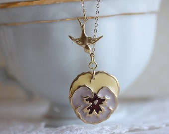 Purple Pansy Necklace with Gold Bird, Pansy Jewelry