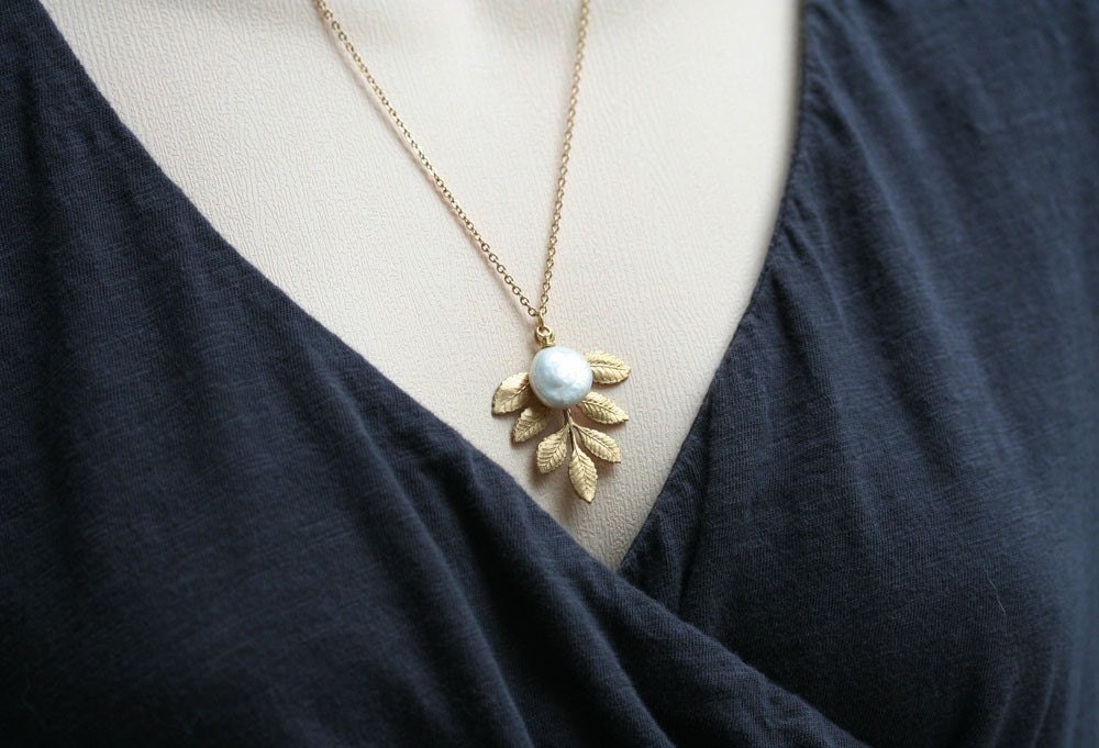Woodland Gold Leaf Necklace, Coin Pearl Necklace