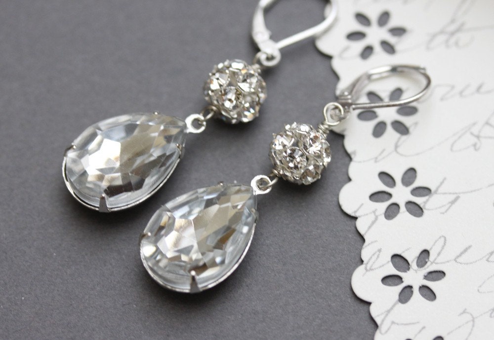 Vintage Crystal Rhinestone Necklace ,Teardrop Necklace, Bridal Jewelry