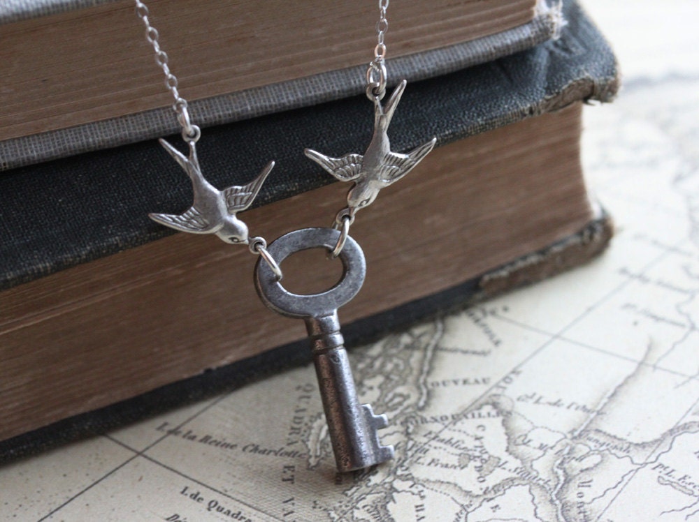 LOVE Bird Necklace, Antique Key Necklace,  Vintage Skeleton Key Necklace with Silver Birds