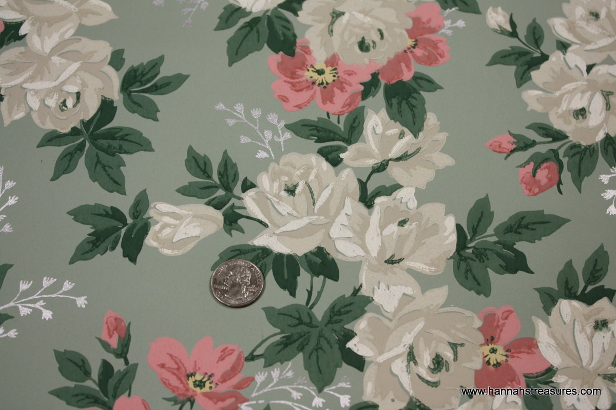 1940's Vintage Wallpaper Stunning white roses and pink flowers on green