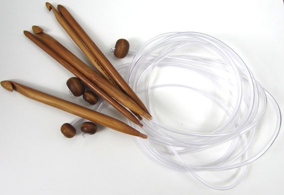Bamboo Tunisian (Afghan) crochet hook with flexible cord - set of 5 - FREE SHIPPING