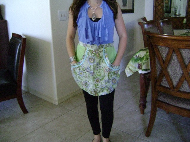 HALF APRON Mint Green Paisley with Aqua Ric Rac