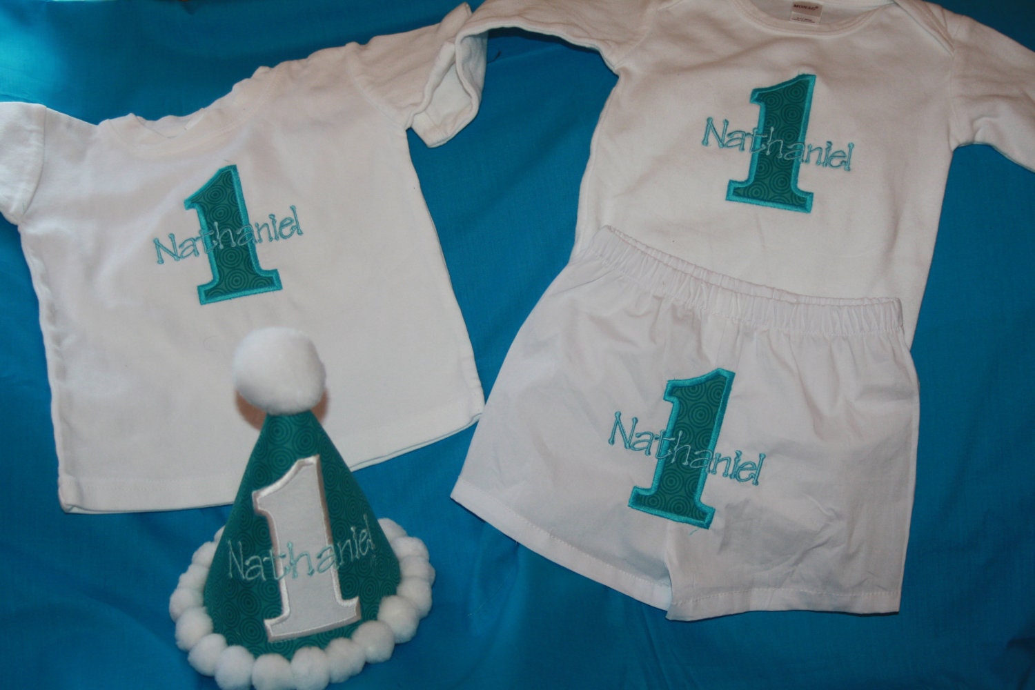 TLB Custom Party Hat, Boxers, T shirt and Bib Set Aqua Blue Circle Dot Boy Birthday Set
