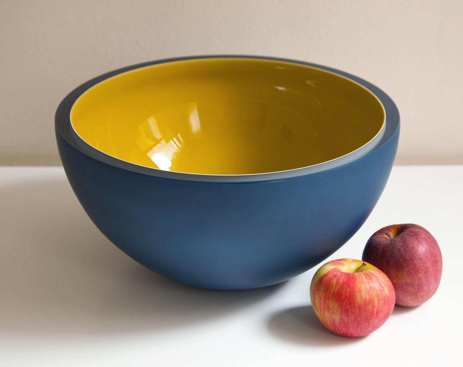 Neptune Bowl, Hand Blown Glass Bowl in Navy Blue and Mustard Yellow