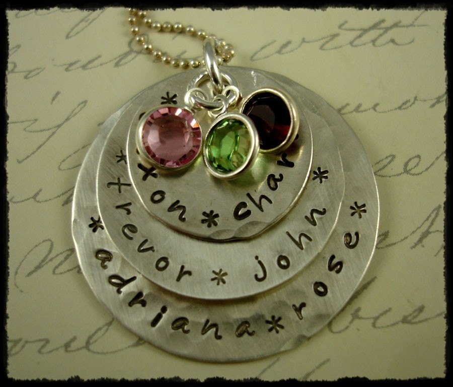 Grandma or Mom Hand Stamped Jewelry -  Personalized Necklace - Large Triple Discs Custom with Birthstones