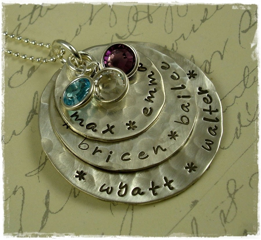 Hand Stamped Jewelry - Personalized Necklace -  ALL MY CHILDREN - Sterling Silver 3 Discs for Moms and Grandmas with Birthstones