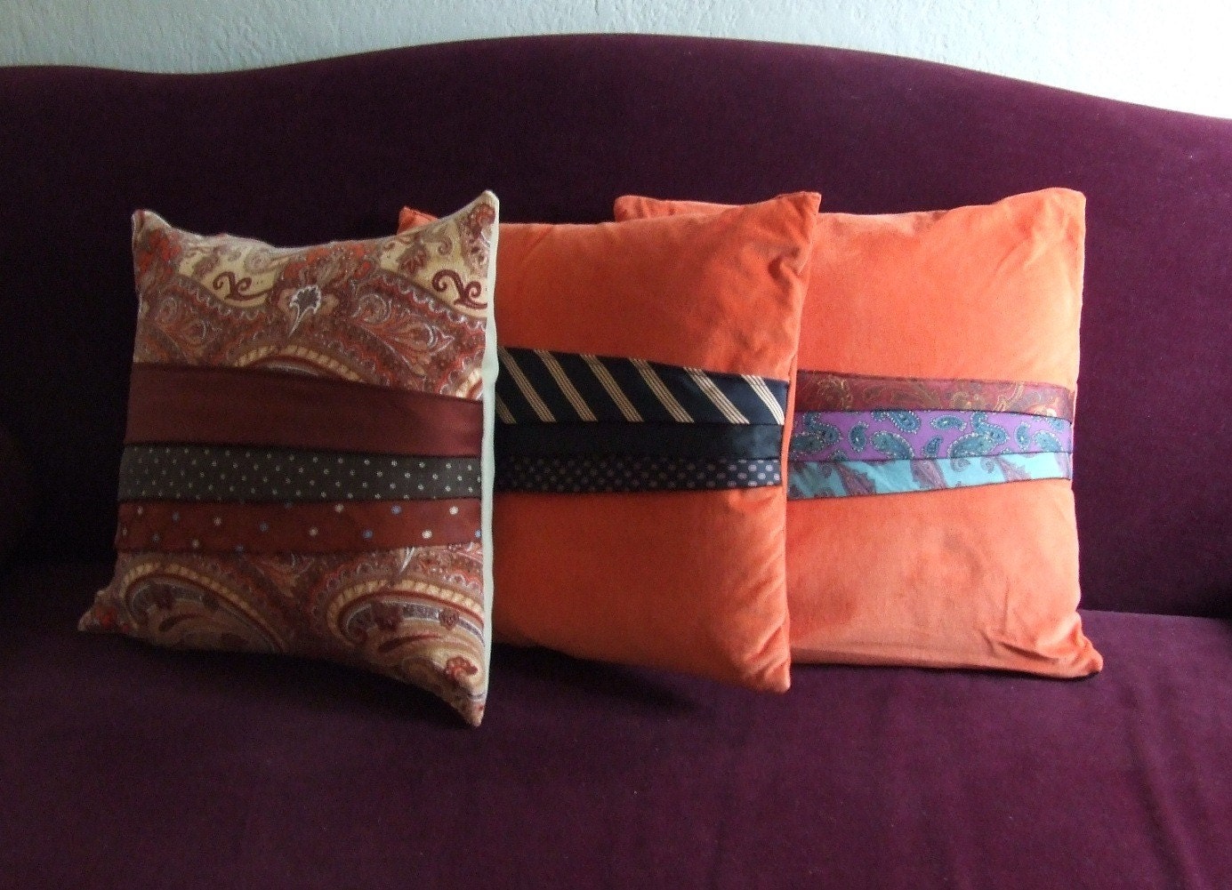 Deep Orange Velour and Black Necktie Pillow 18 inch square with insert