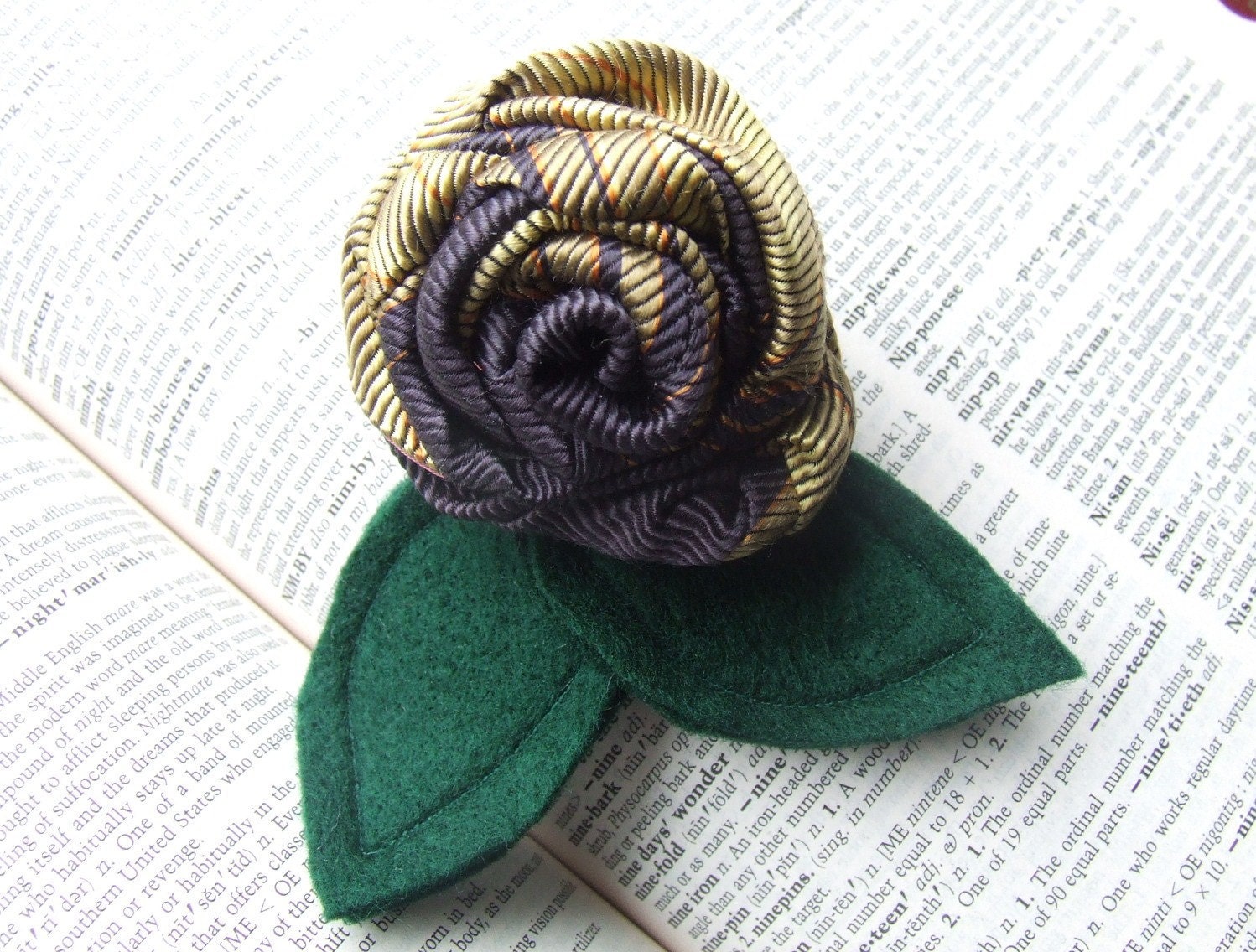Rosette Flower Necktie Brooch Pin in gold olive green and chocolate brown tones