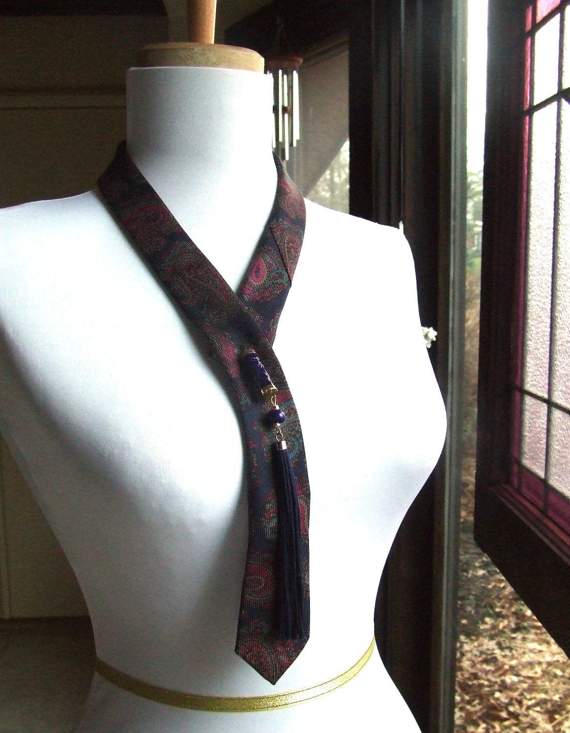 Vintage Necktie necklace in Indigo Plum Paisley with dramatic midnight blue tassel