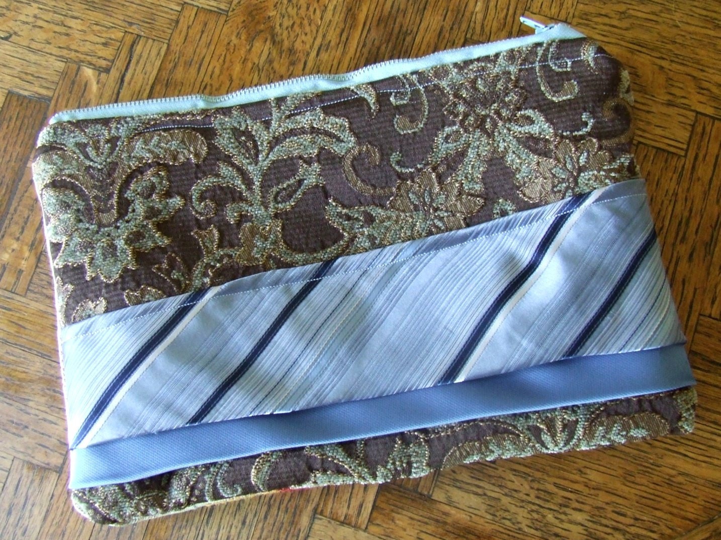 Zipper Clutch Purse Bag in mocha brocade upholstery with ice blue neckties